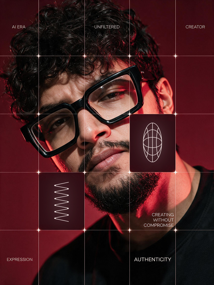 Portrait of Phani in black-framed glasses under red light